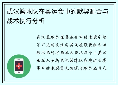 武汉篮球队在奥运会中的默契配合与战术执行分析